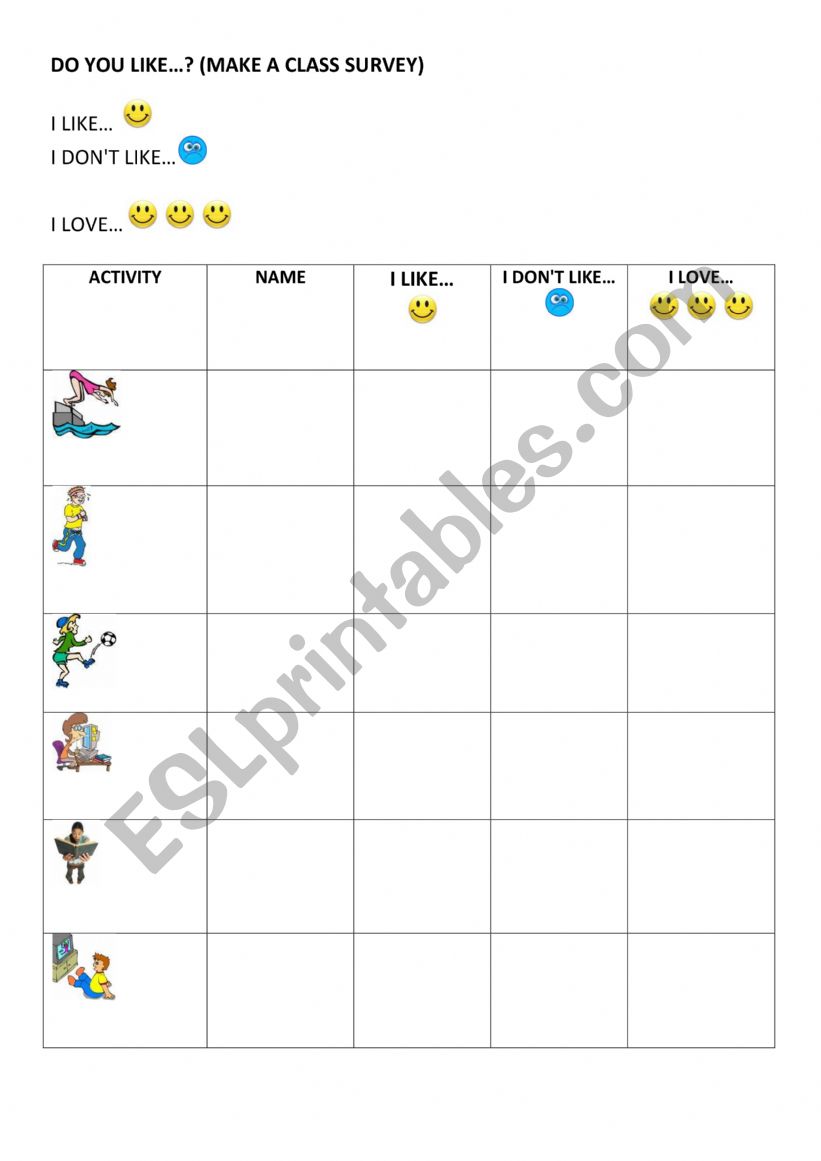 Likes/dislikes  worksheet