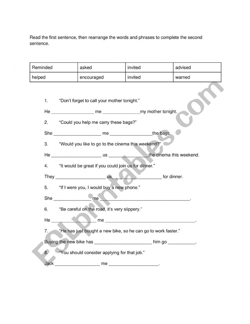 Verb+object+infinitives worksheet