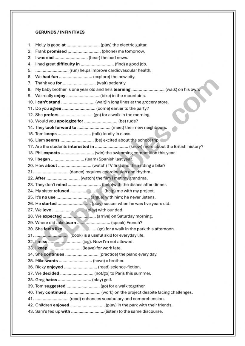 Gerunds / Infinitives worksheet
