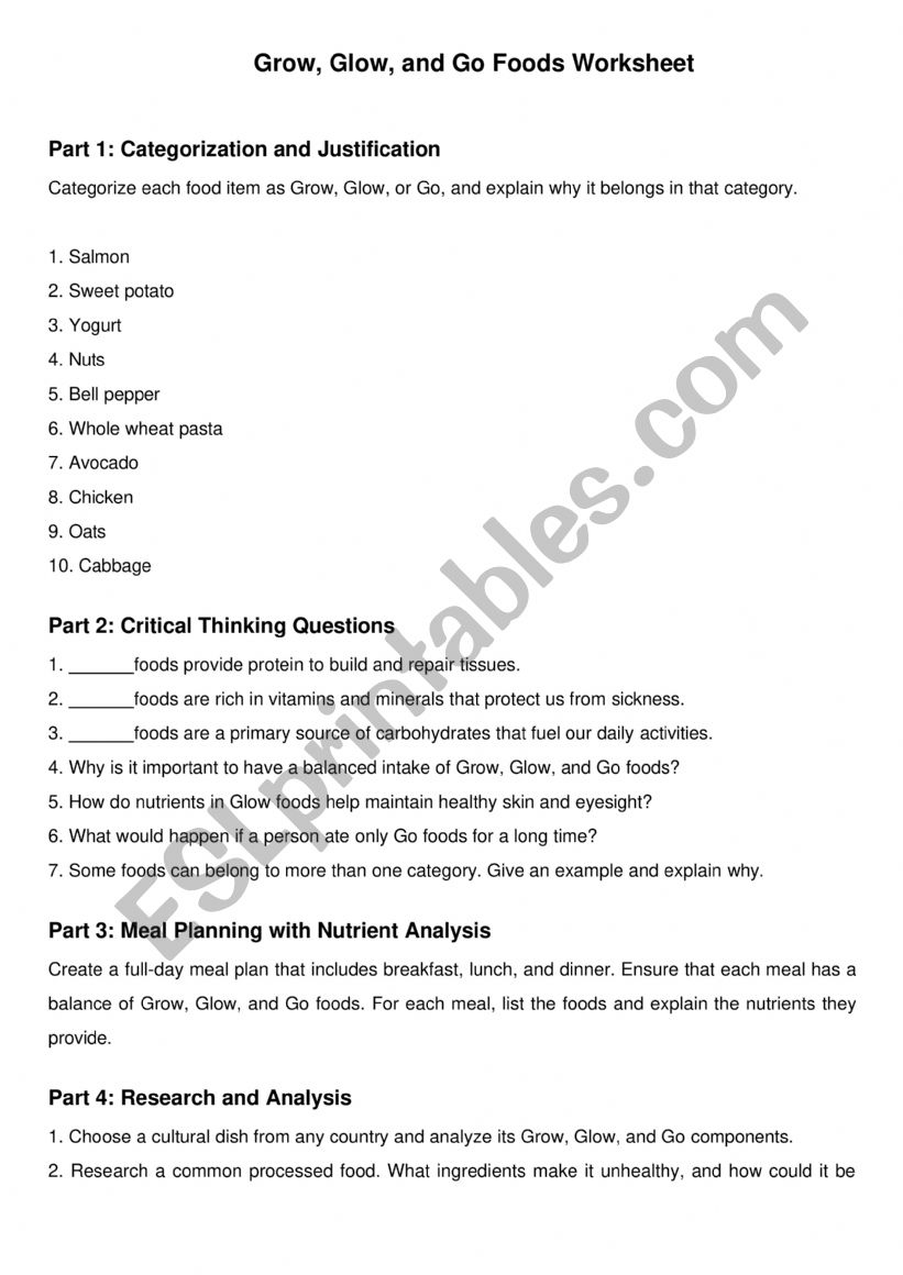 Grow, Glow, Go Foods  worksheet