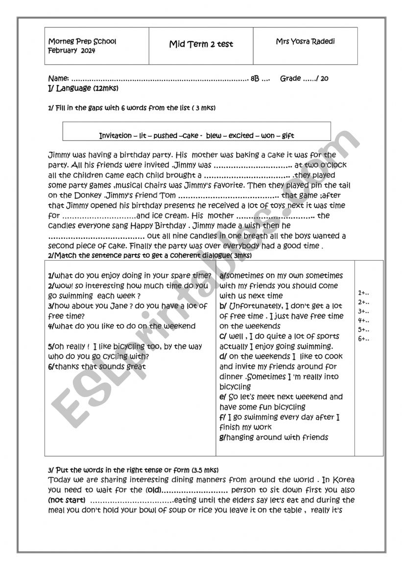 8th form test 2 worksheet