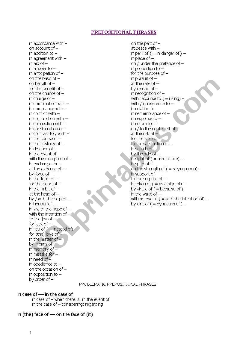 PREPOSITIONAL PHRASES 1 worksheet