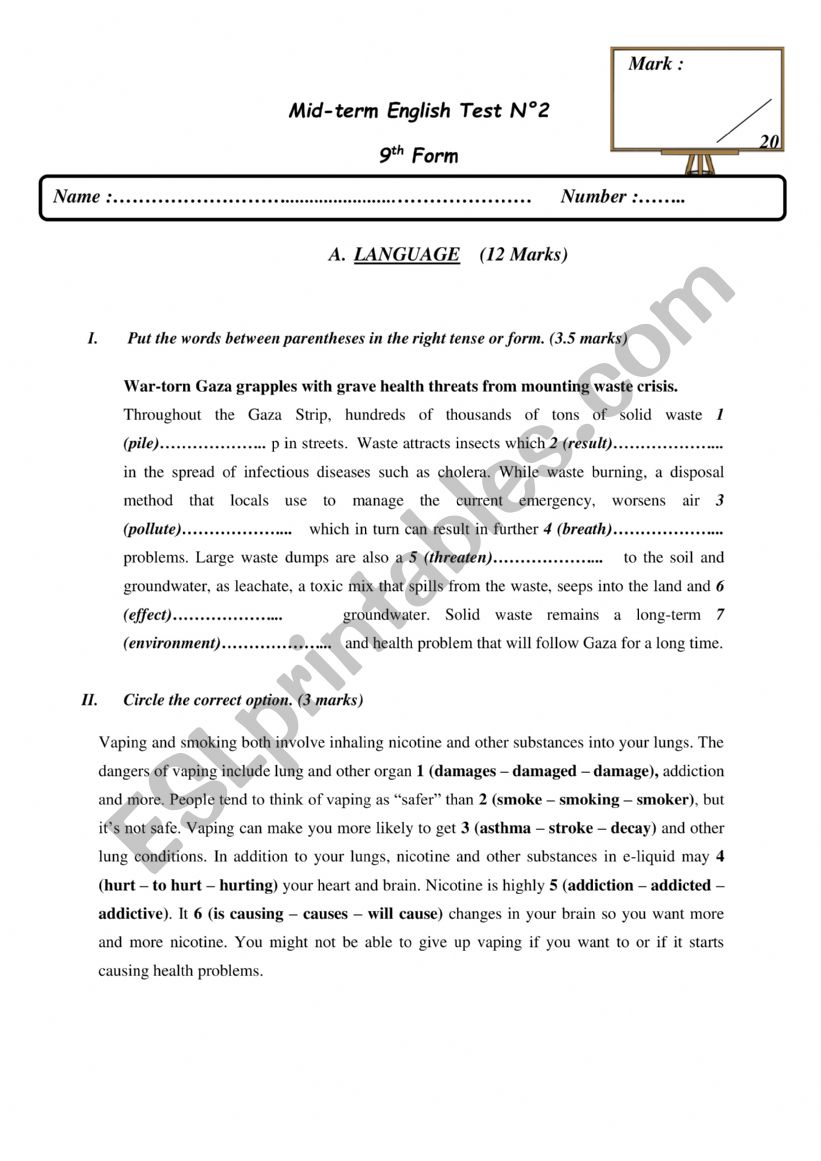 test 9th form 2nd term worksheet