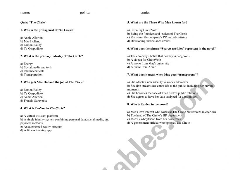 quiz the circle worksheet