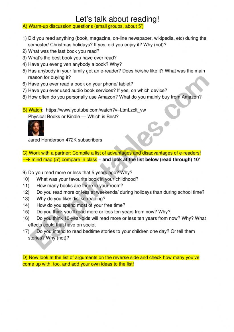 Let�s talk about reading! worksheet