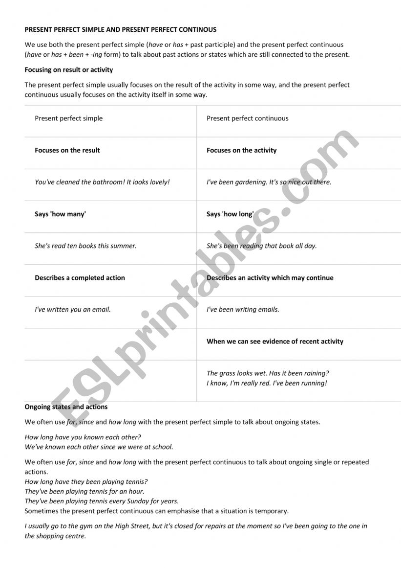 PRESENT PERFECT SIMPLE AND PRESENT PERFECT CONTINOUS