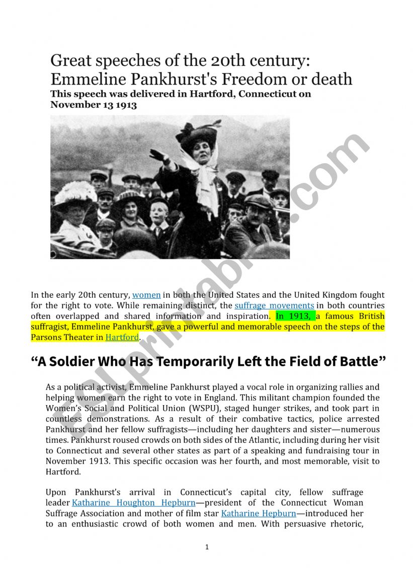 Emmeline Punkhurst great speech lesson reading and comprehension