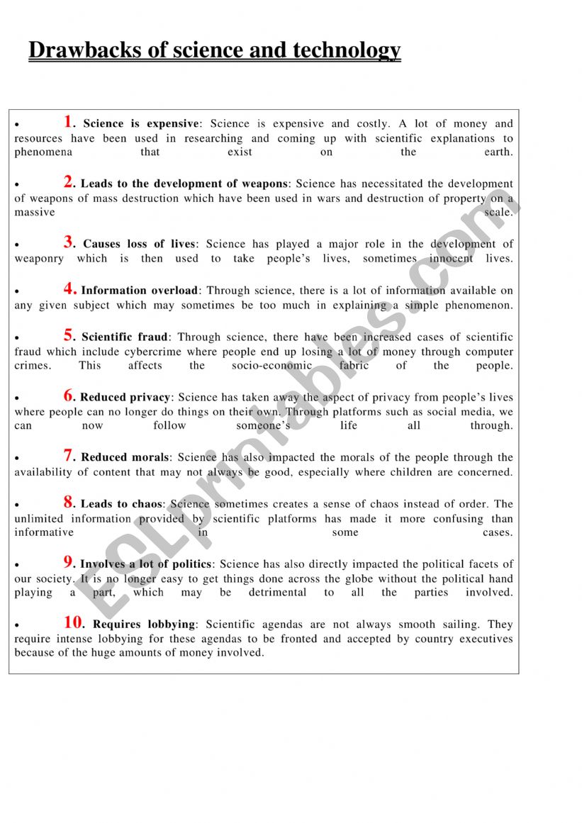drawbacks of science and technology for 4th form (bac) (tunisian program)