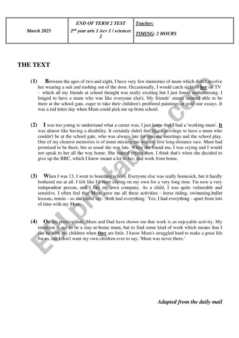 2nd form End of Term Test 2 worksheet