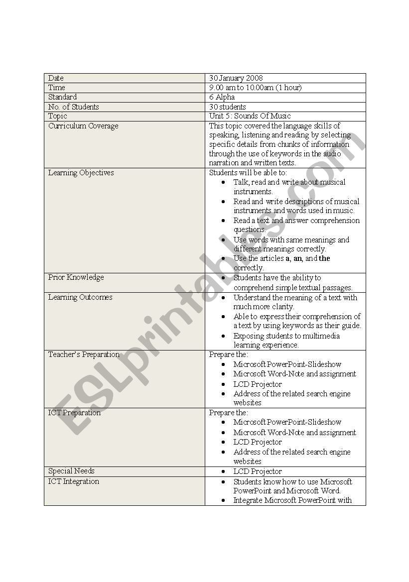 lesson plan : sounds of music worksheet