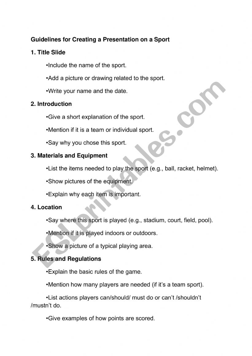 My sport presentation  worksheet