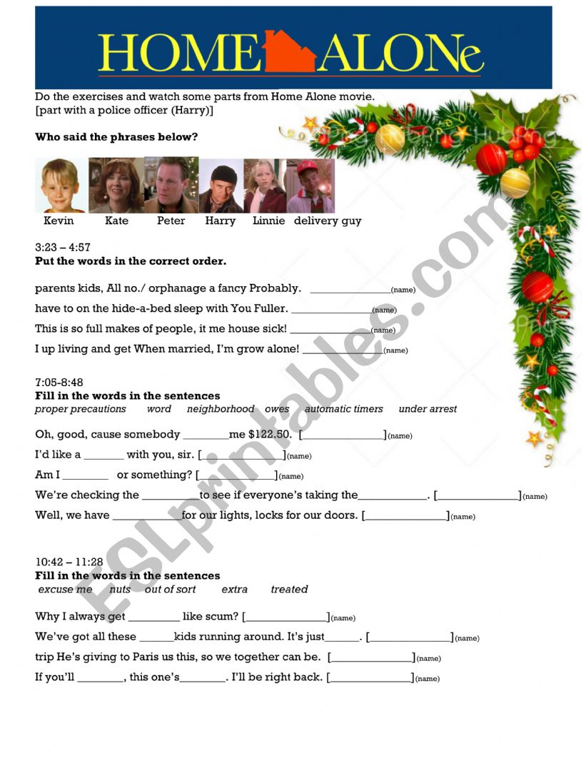 Home alone worksheet worksheet
