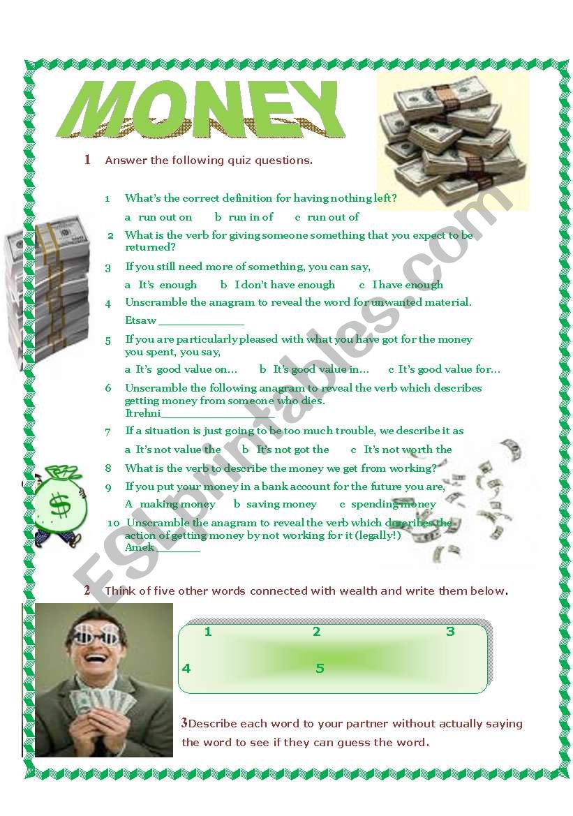 Lets talk about MONEY - vocabulary and conversation worksheet.