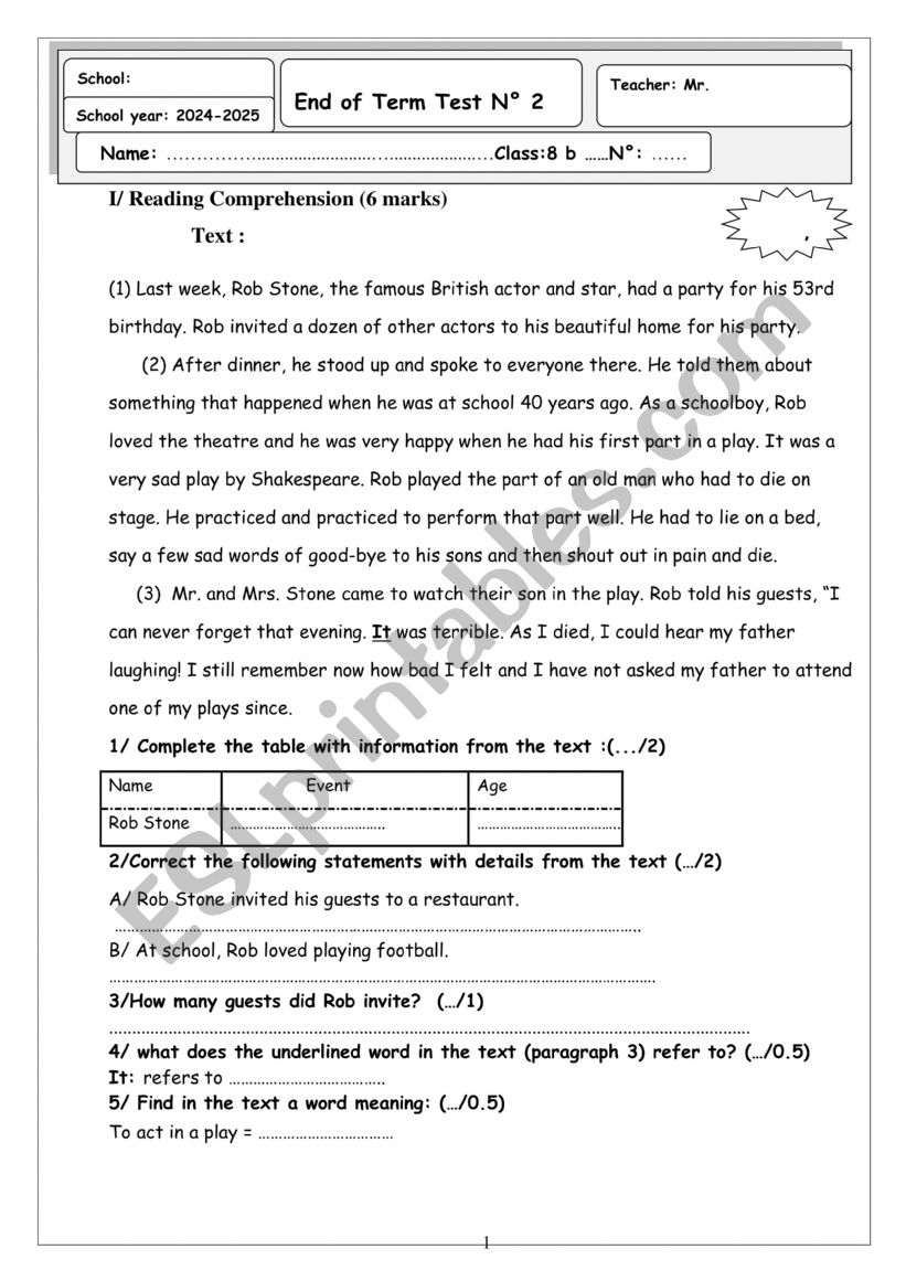 8th form End of Term Test 2 Reading Comprehension
