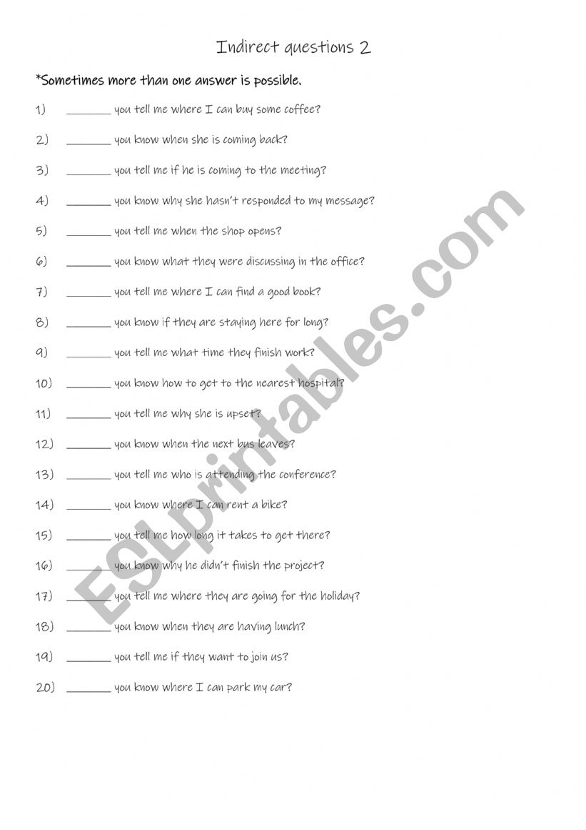 Indirect questions 2 worksheet