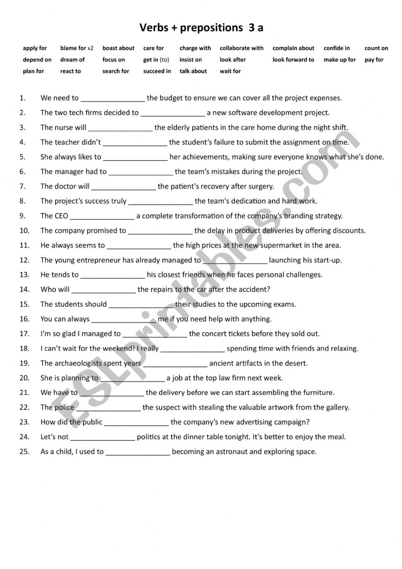 Verbs + Prepositions  3 a worksheet