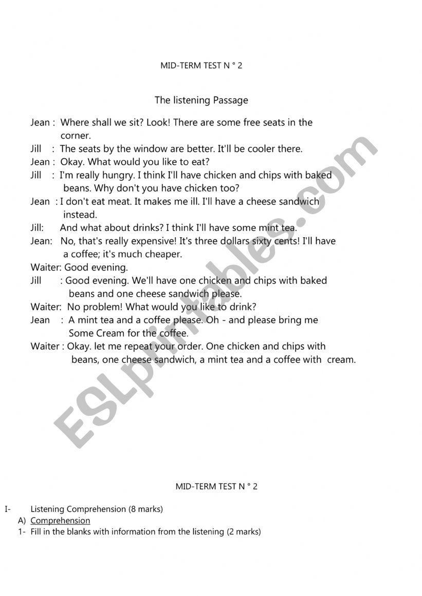mid term test 2 8th grade worksheet