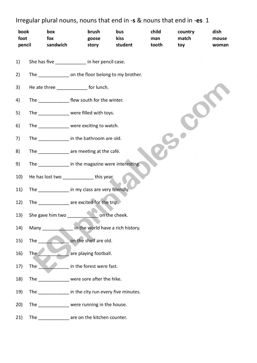 Irregular plural nouns, nouns that end in -s & nouns that end in -es 1