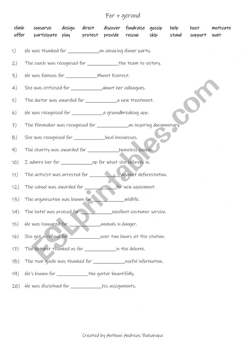 A2+-B1 reasons for doing something using: for + gerund (2)
