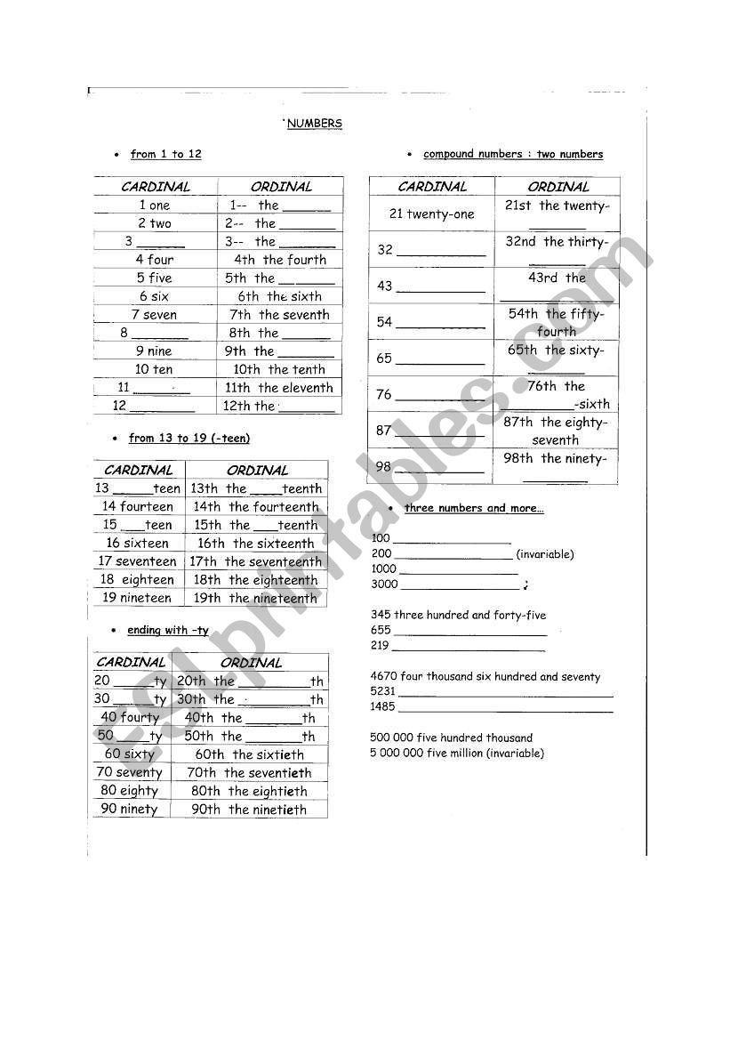 NUMBERS worksheet