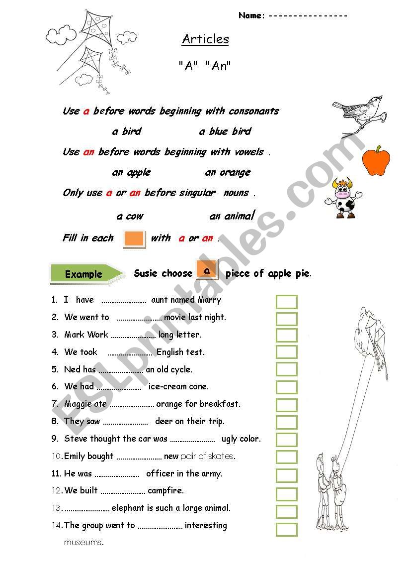 Articles worksheet