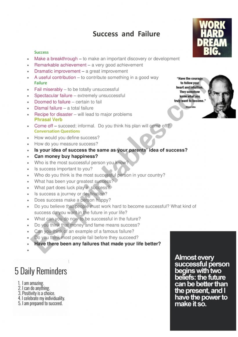 success and failure worksheet