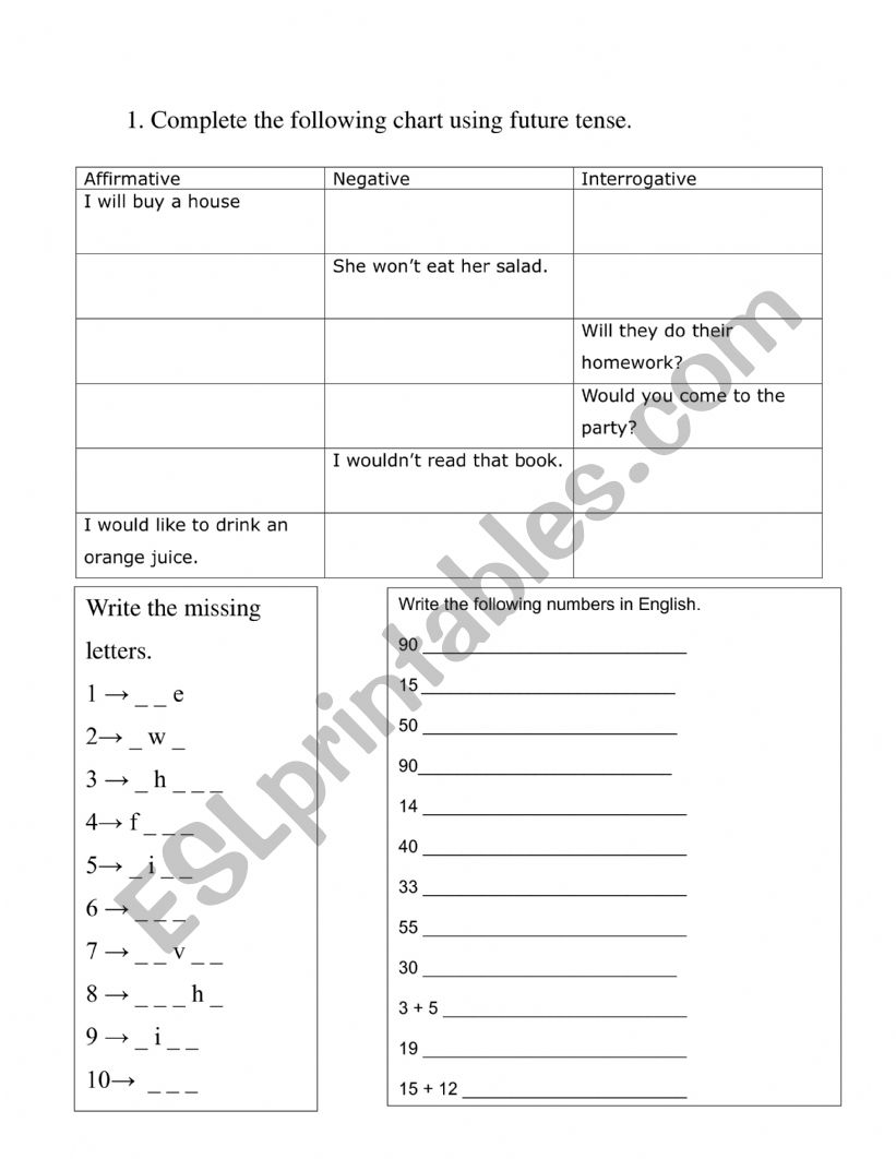 Simple future and numbers worksheet