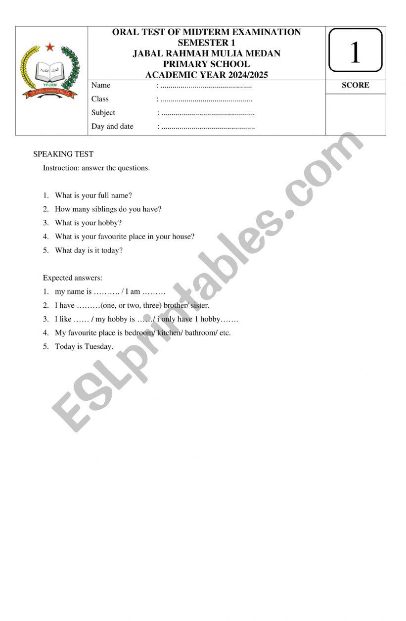 oral test  worksheet