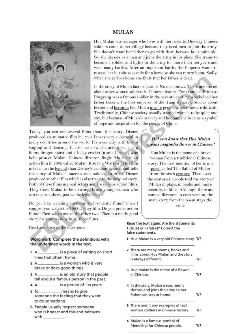 Reading Comprehension_Mulan worksheet