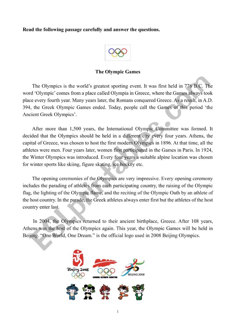 History of Olympic Games worksheet