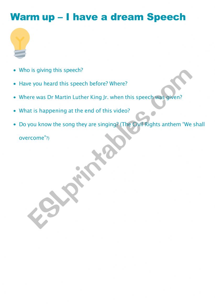 Listening comprehension questions - I have a dream speech - M. L. King