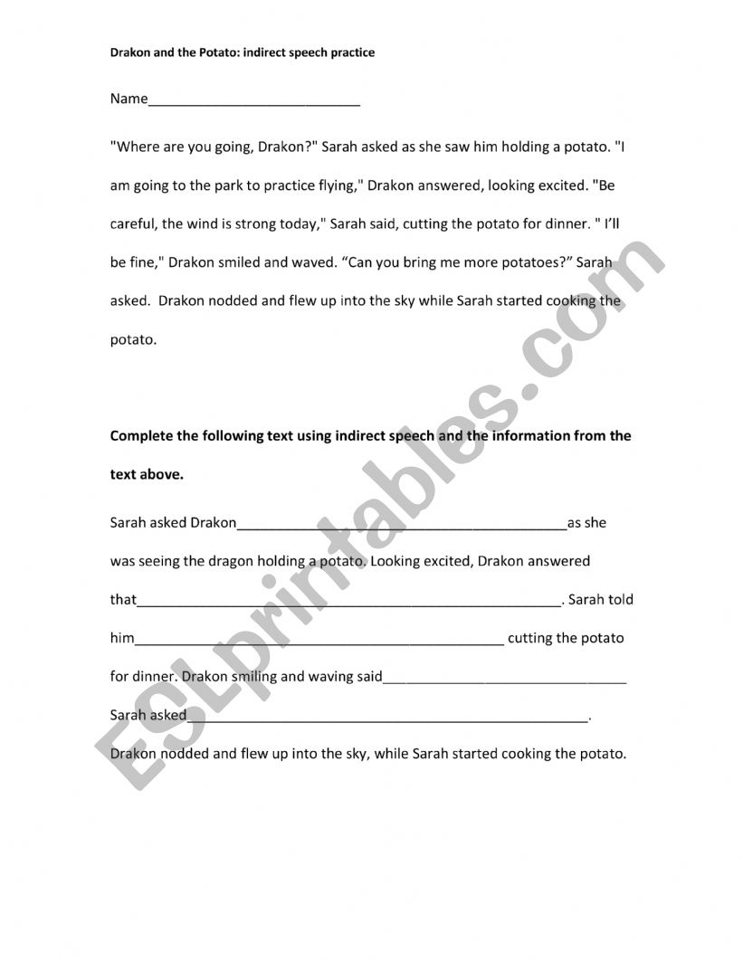 indirect speech practice: the dragon and the potato