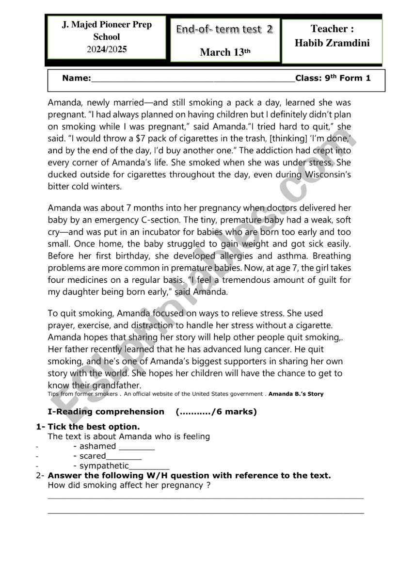 End of term test 2 worksheet