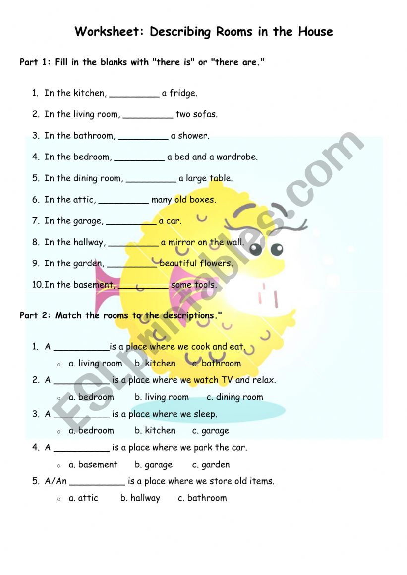Worksheet: Describing Rooms in the House using there be with Keys