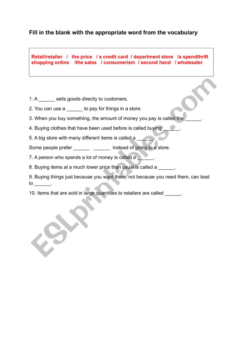 consumerism vocabulary  worksheet
