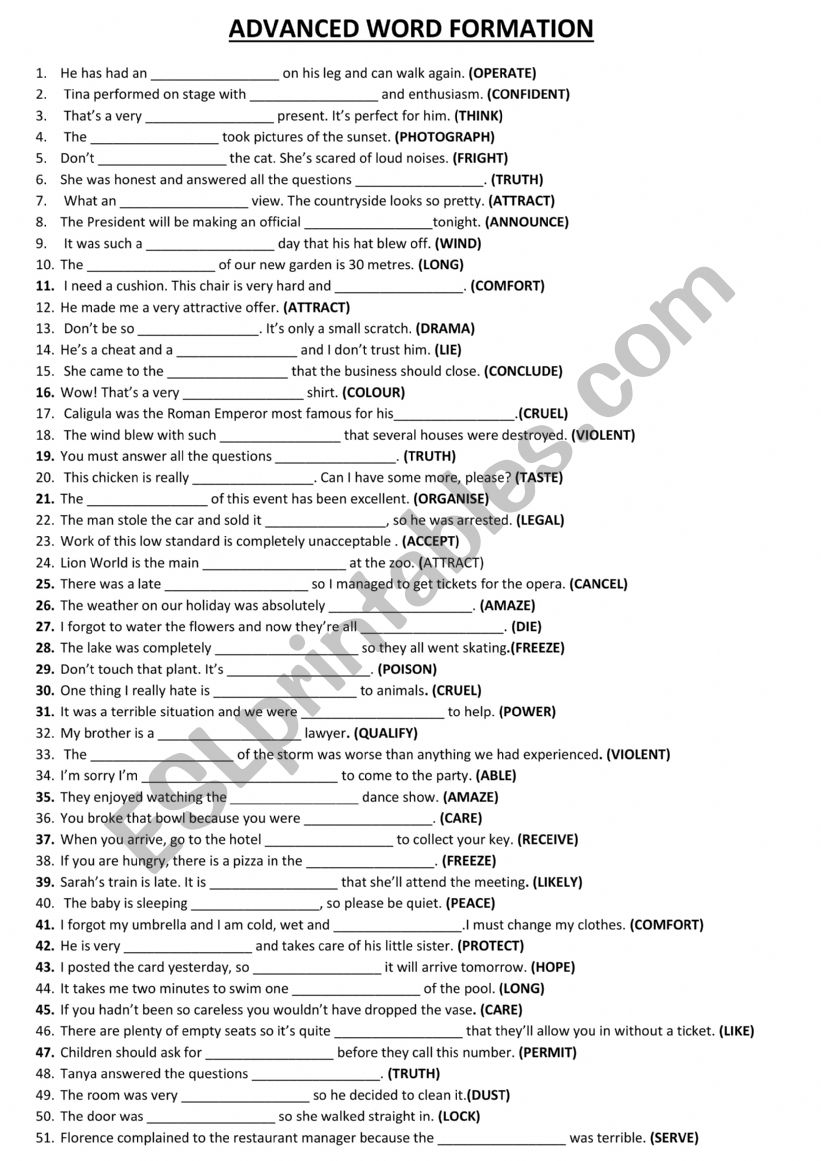 ADVANCED WORD FORMATION worksheet