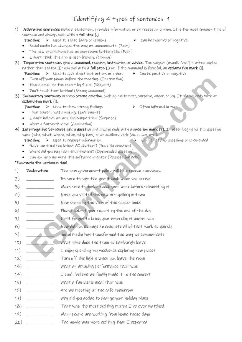 A2-B1 Identifying 4 types of sentences 1