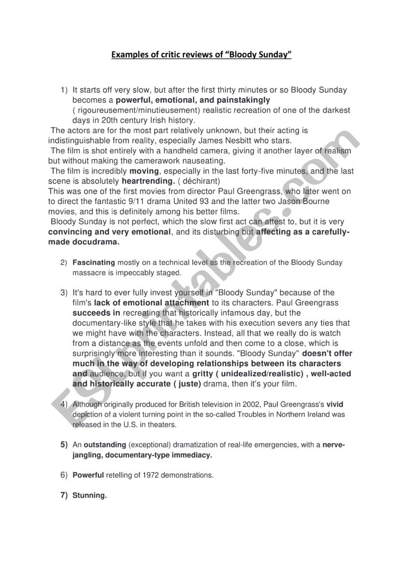 Bloody Sundat critic review worksheet