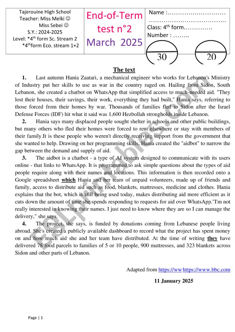 4th form end term test worksheet