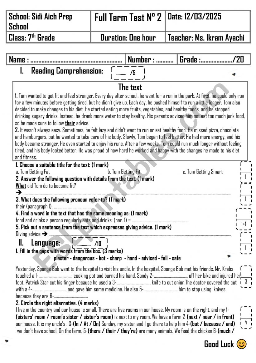 7th Grade - Full Term Test 2 worksheet