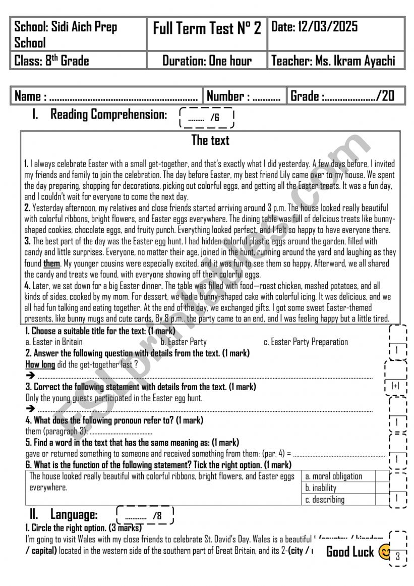 8th Grade - Full Term Test 2 worksheet