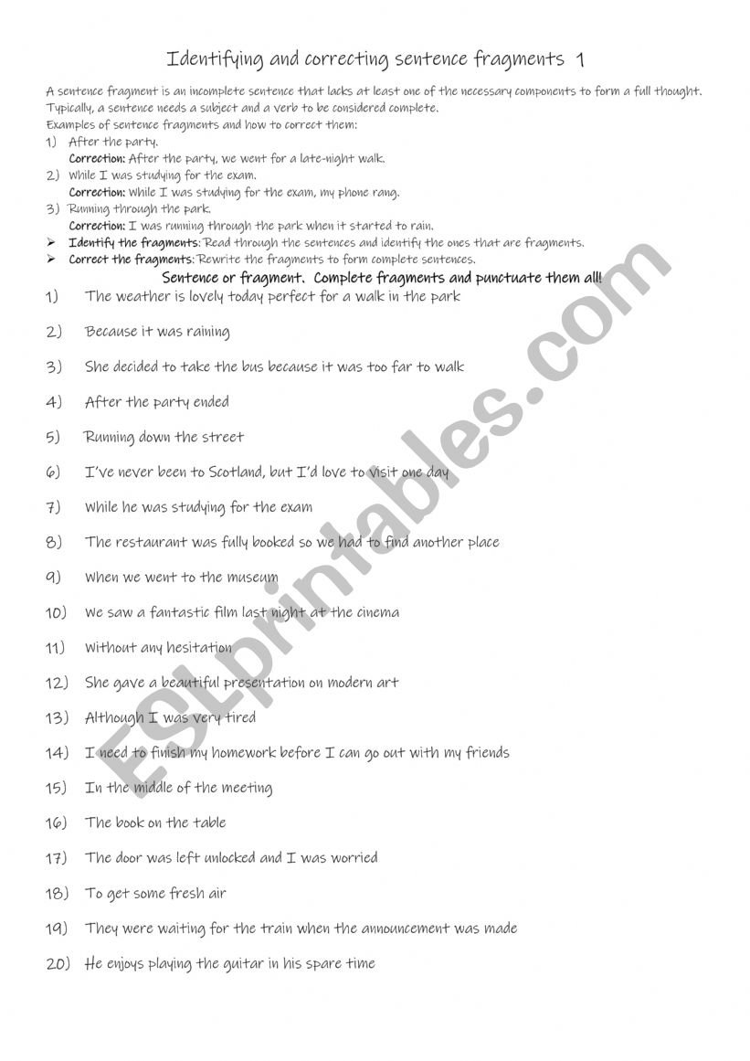 Identifying and correcting sentence fragments 1