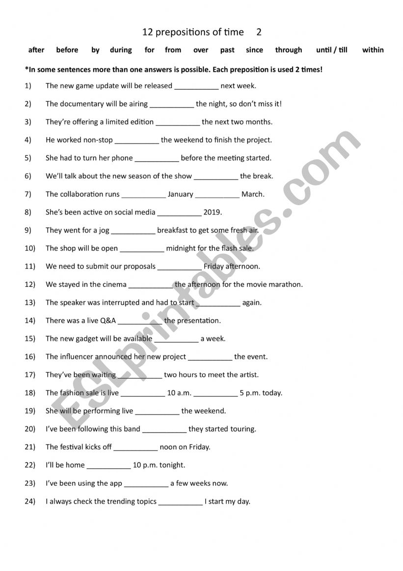 12 prepositions of time 2 worksheet
