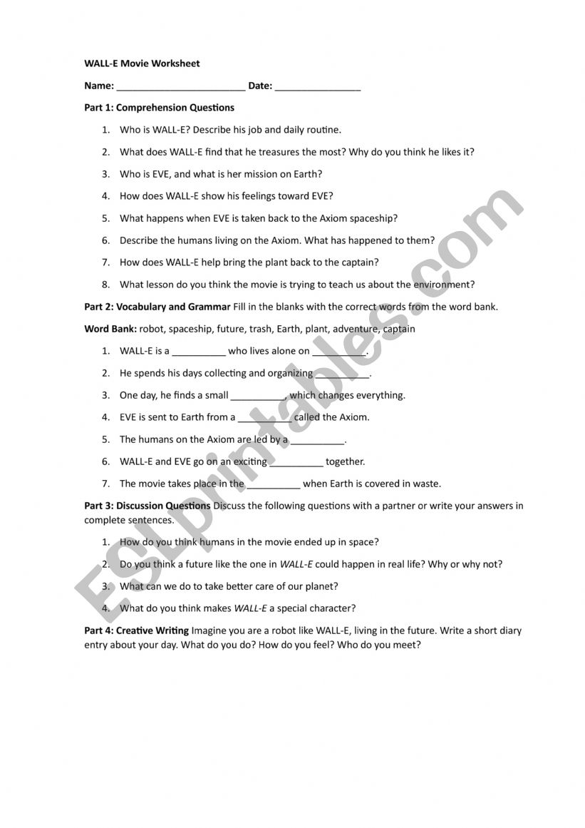Worksheet for movie Wall-E worksheet