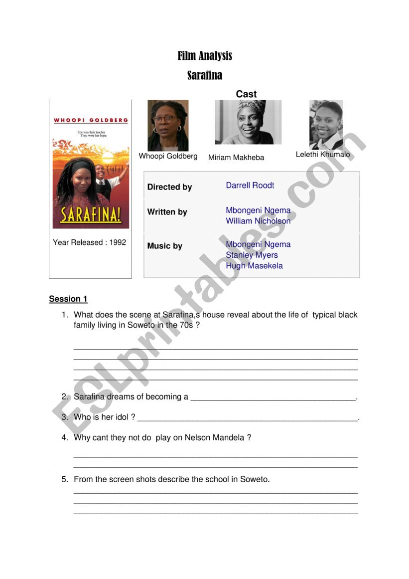 Film Analysis Sarafina  worksheet