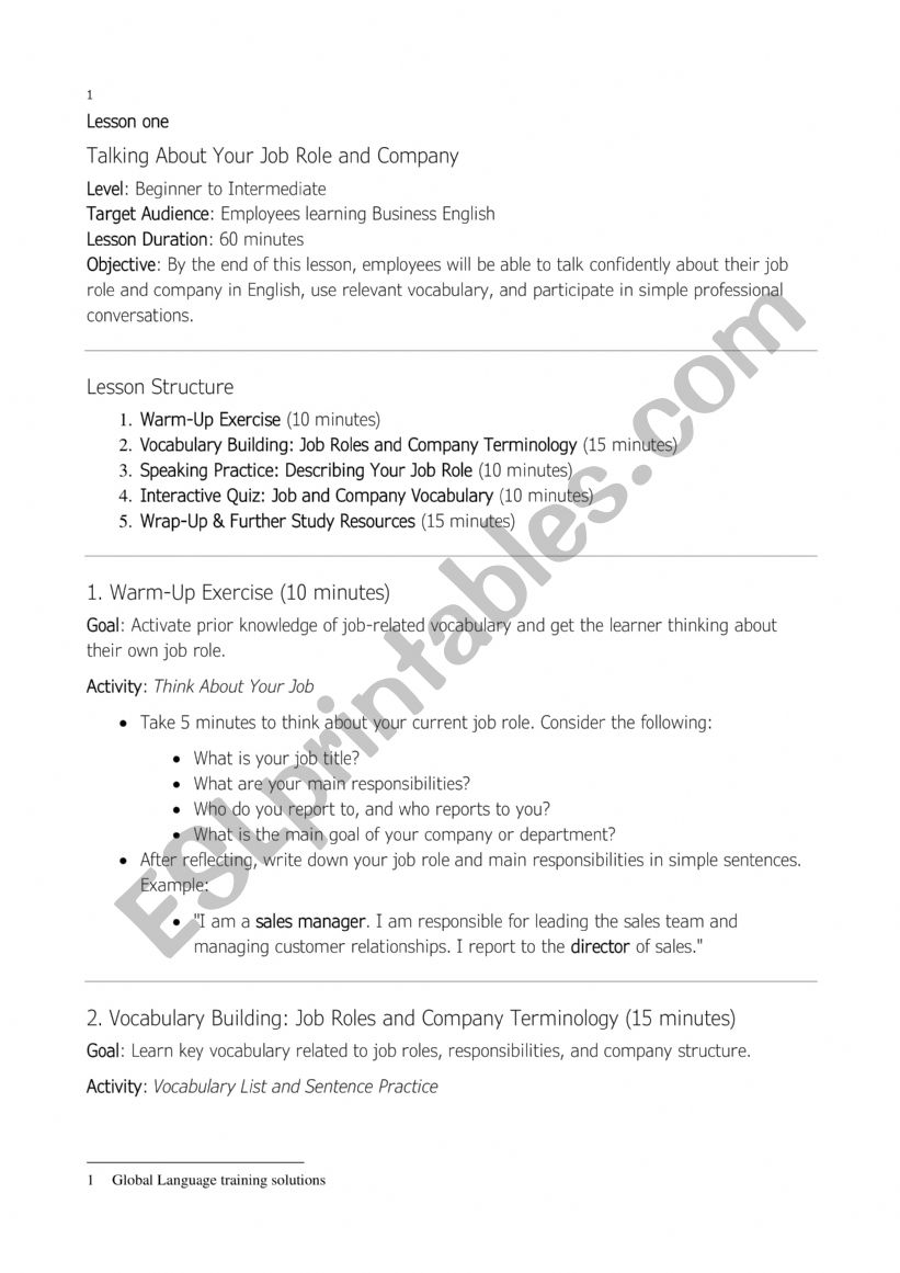 Business English lesson 1 worksheet