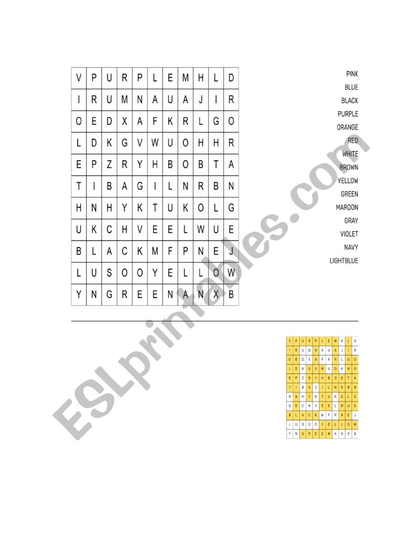 wordsearch colors worksheet