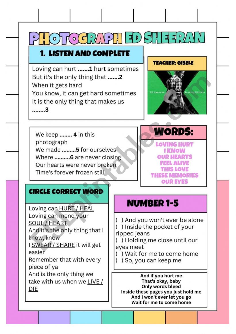 SONG PHOTOGRAPH ED SHEERAN worksheet
