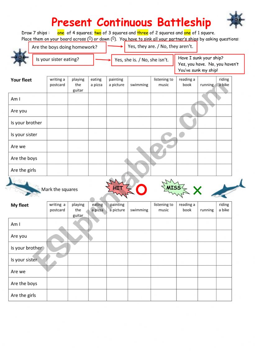 Present Continuous Battleship worksheet