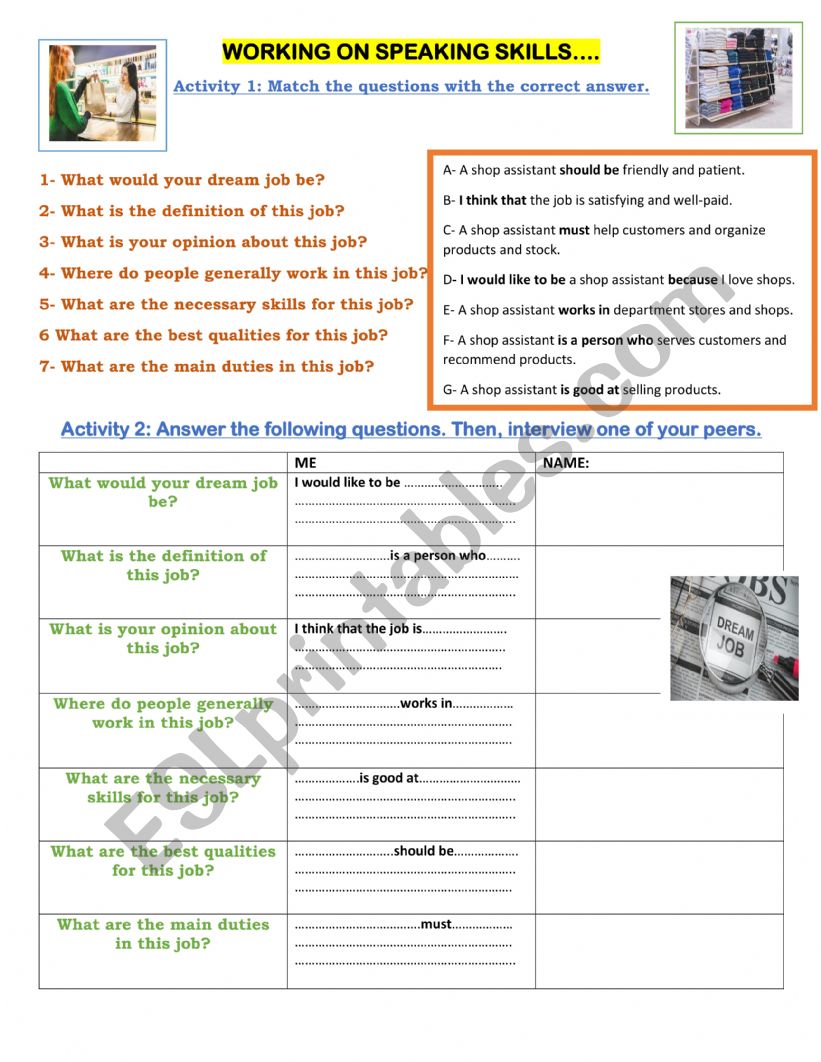 Dream job worksheet